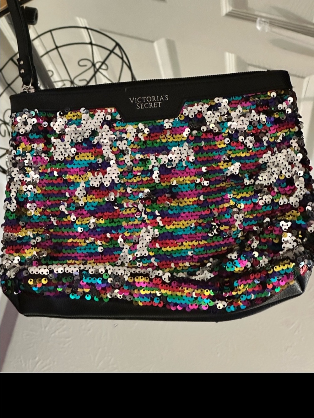 Victoria's Secret Rainbow Sequin Cosmetic Pouch with Black Trim